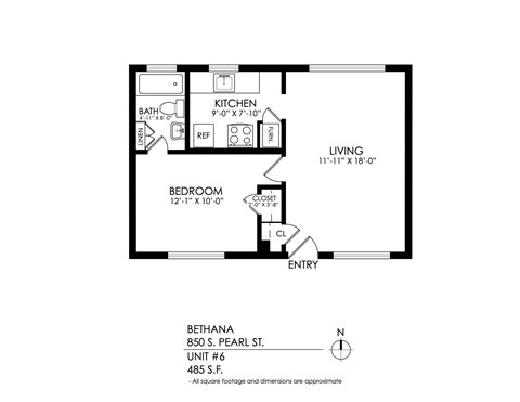 Floor plan for 1 bed, 1 bath, 550 sqft
